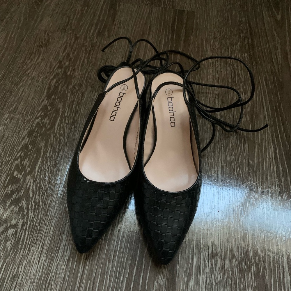 Boohoo Woven Wrap Up Strap Block Heel Ballet